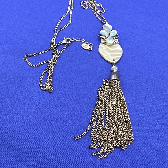 Long Jade & Jasper Gold-Tone Pendant Necklace Crystals & Tassel - Picture 2 of 10